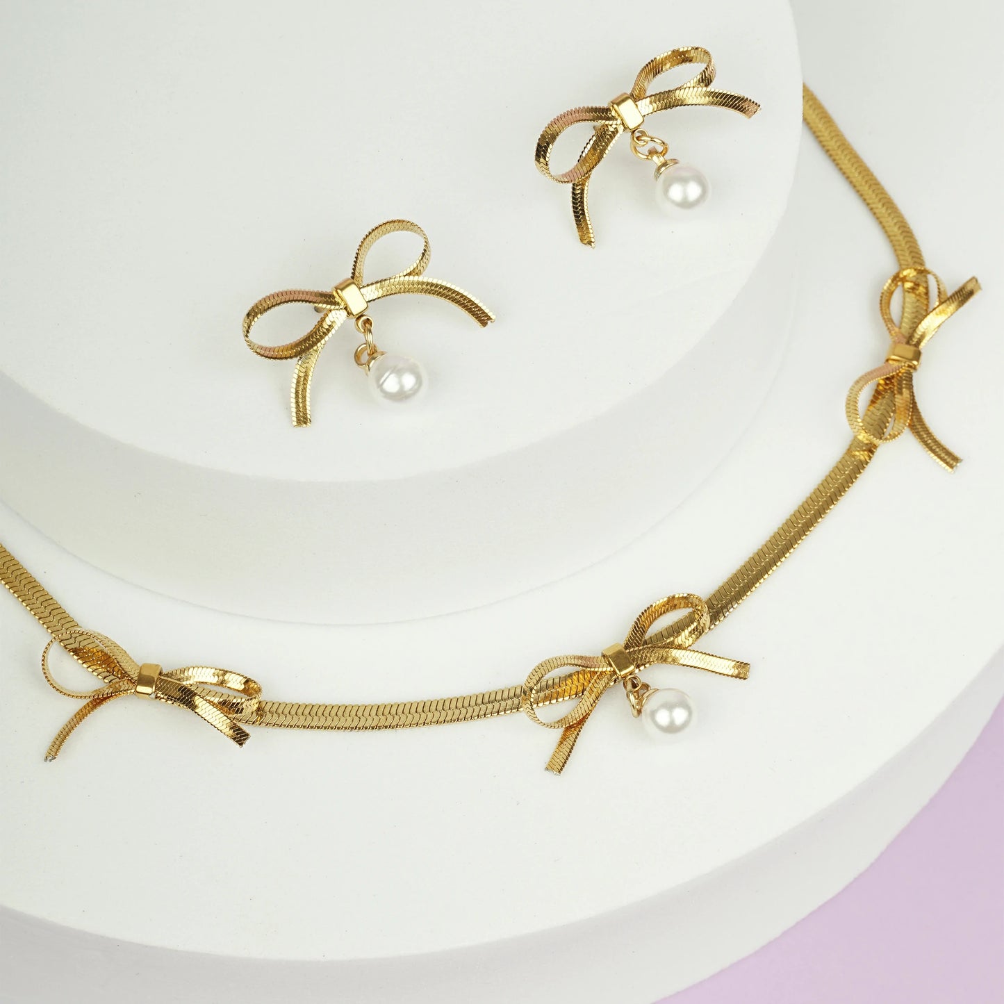 Golden Bow Pearl Drop Set