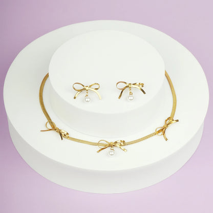 Golden Bow Pearl Drop Set