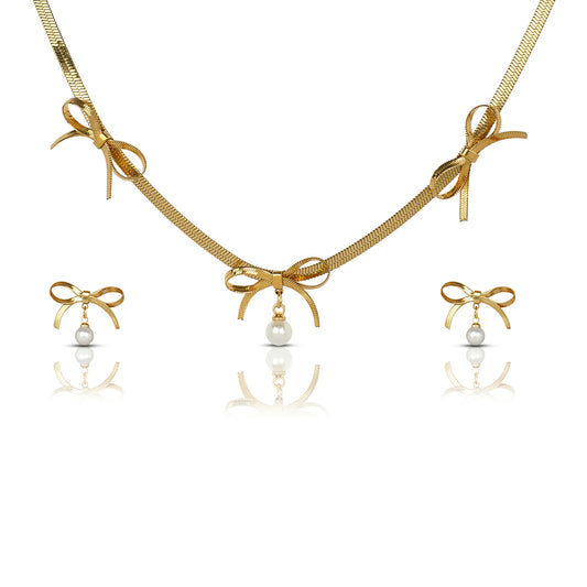Golden Bow Pearl Drop Set
